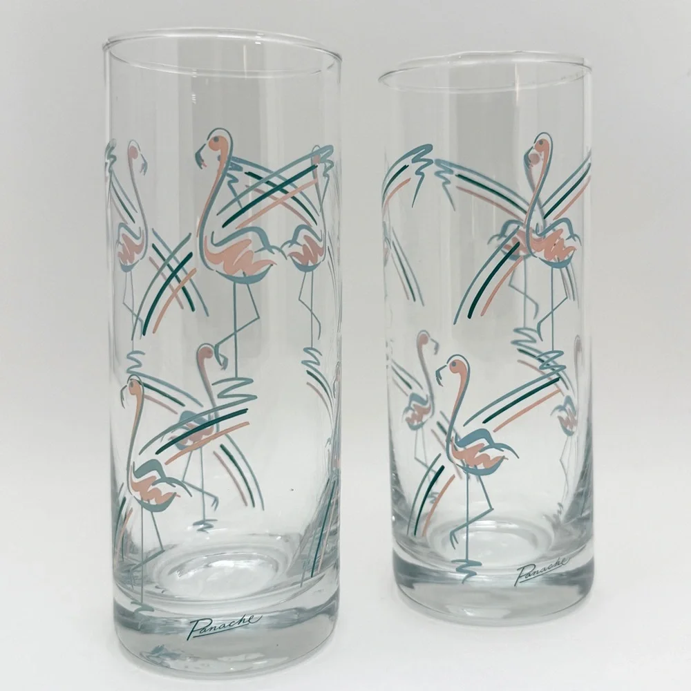 Vintage MCM 1960s Panache Flamingo Tumbler Highball Bar Glasses Set of 2